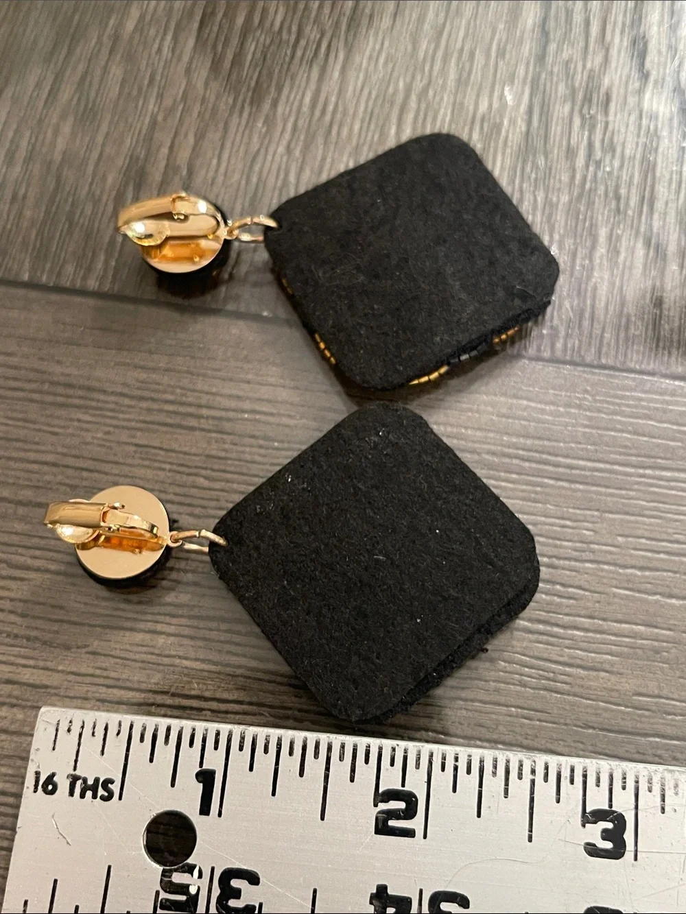 Vintage Style Square Geometric Black & Gold Seed Bead Dangle Clip Earrings